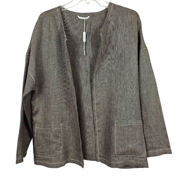Womens Business Casual Office Pure Linen Cardigan Jacket Max Mara Gray Brown 12 - Picture 3 of 16